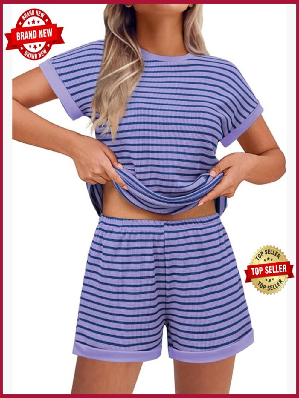 2 Piece Striped Lounge Set - Shorts & T Shirt Matching Outfit